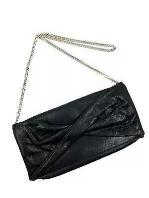 $245 Reiss Suede Metallic Evening Chain Flap Clutch Black Beau Shoulder Bag • $119