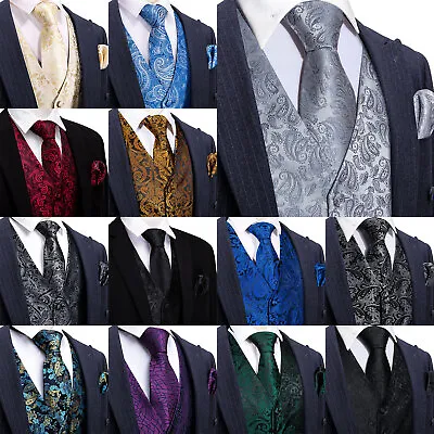 Mens Formal Wedding Waistcoat Floral Paisley Suit Vest Slim Tuxedo Silk Tie Set • $18.99