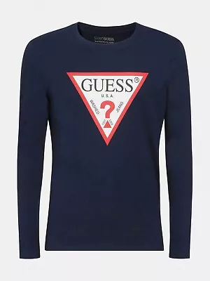 GUESS Men's T Shirt M1RI31I3Z11 Front Logo Triangle Long Sleeve Slim Fit Blue • £37.99