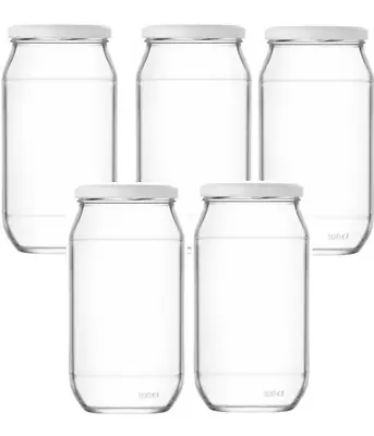 Pack Of 5 Glass 1000 Ml Jars With Lid Jam Pickle Chutney Honey DIY & Storage • £11.99