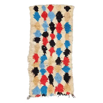 Moroccan Handmade Vintage Rug 2'7x5'7Berber Cream Red Geometric Cotton Wool Rug • $231