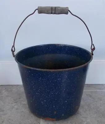 Vintage Blue & White Enamelware Bail Handled Bucket Pail 9.5 Hx11 W 16 Hw/Handle • $34.99