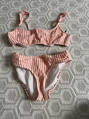 JCrew Pink White Seersucker Stripe Bikini Swimsuit M • $15
