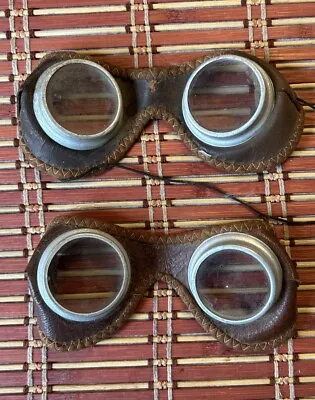 2x Vintage Clear Lens Goggles Leather Motorcycle Airplane • $66