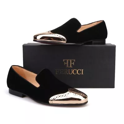 Handmade FERUCCI Men Plain Black Velvet With Gold Toe Slippers Loafers • $169.99