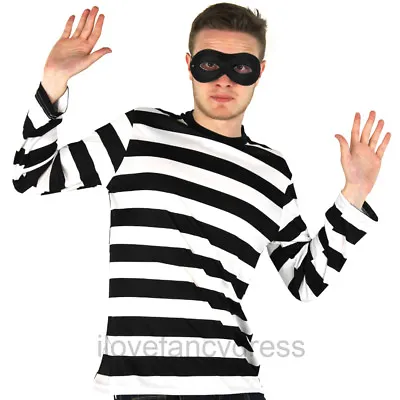 Adult Burglar Costume Robber Fancy Dress Short Sleeve Stripe Top And Eyemask • £8.99