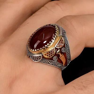 Handmade Genuine Natural Red Agate Aqeeq Vintage 925 Sterling Silver Men Ring • $60.17