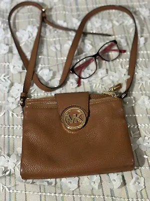 Michael Kors Fulton Luggage Tan Leather Organizer Shoulder Crossbody Bag EUC • $60