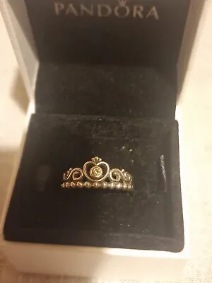 PANDORA PRINCESS TIARA GOLD LOOK RING WITH PAVE STONE HALLMARKED Size 54 • £16