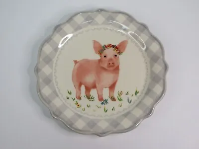 Pioneer Woman Gray Gingham Dessert Appetizer Plate Pig Ceramic Dish Stoneware 7  • $8