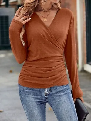 Women Ladies V Neck Ruched Blouse Long Sleeve Casual Office T-shirt Elegant Tops • $43.60