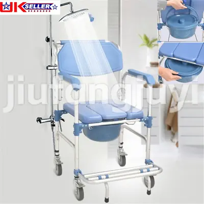 Wheeled Mobile Toilet Commode Shower Chair Wheelchair Footrests • £119.99