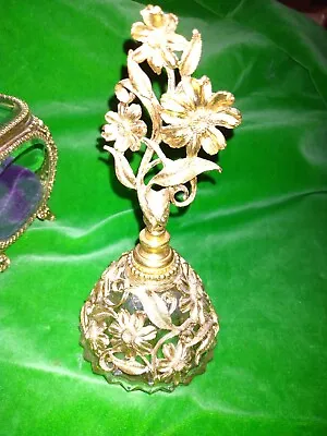 Vintage Matson Perfume Bottle 50's Gold Plate Flowers Cosmos? Large Beautiful  • $59.99