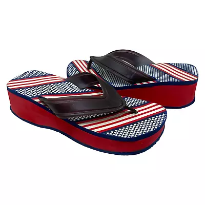 Vintage Y2K Patriotic USA Flag Platform Thong Sandals Women's Sz 11 4th Of July • $18.09