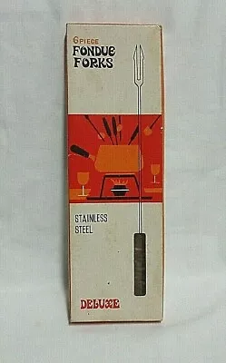 Vintage MCM Fondue Forks Wood Handles Stainless Steel BY DELUXE ORIGINAL BOX • $9.99