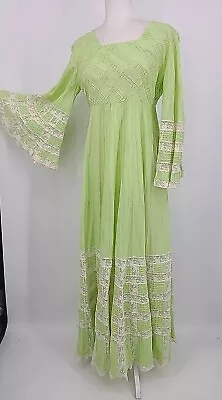 VTG 60s Boho Mexican Maxi Dress Kaftan Crochet Lace RARE Lime Green Metal Zip • $279.99