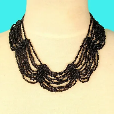 14  Black Scalloped Collar Choker Handmade Seed Bead Necklace • $6.59