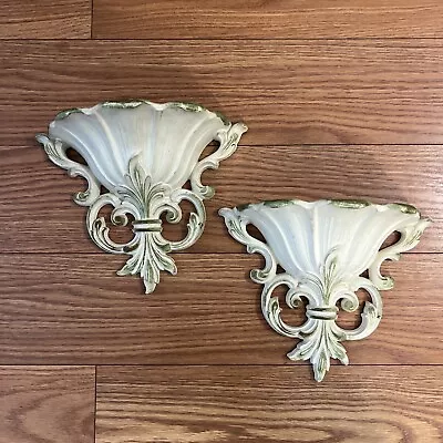 Set 2 Vintage Syroco Wall Pocket Sconce Planters White Gold Green Shabby • $30