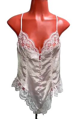 Vintage Val Mode Pink Satin And Lace Button Front Teddy Lingerie Pin-up M • $20