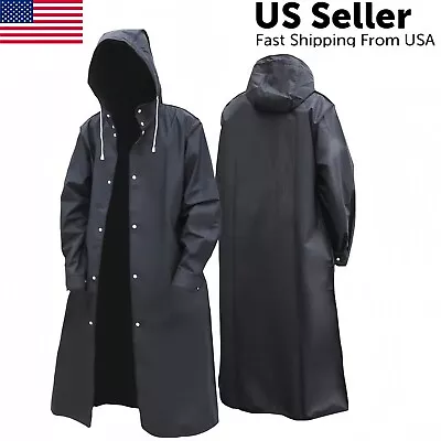 Men Black Waterproof Long Raincoat Rain Coat Hooded Trench Jacket Outdoor • $19.85