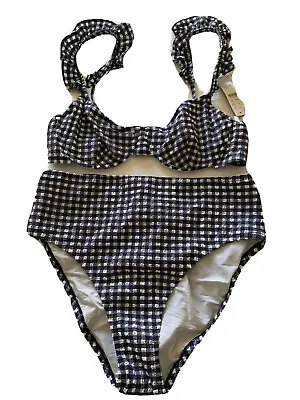 NWT J.Crew Bikini Set High Waist Ruffled Blue/White Seersucker 34C Top/M Bottom • $55