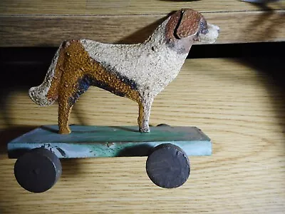 Vintage Or Antique Hollow Hand-painted Tin Dog Pull-toy On Wood Cart W/ Wheels • $15