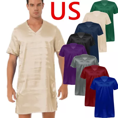 US Men's V Neck Short Sleeve Nightshirt Satin Nightwear Pajamas Sleep T-Shirt • $4.64