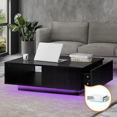 Oikiture Coffee Table LED Light High Gloss Storage Drawer Modern Furniture • $125.90