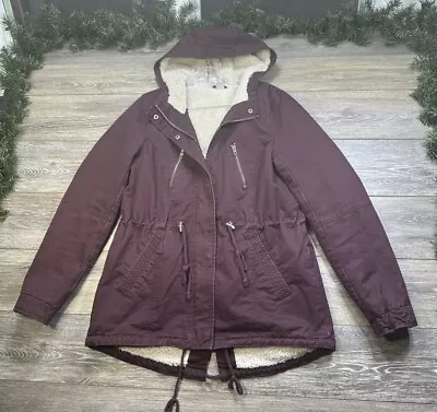 H&M Divided Coat Size 6 Maroon Red Parka Faux Fur Lined Hooded Coat • $29.99