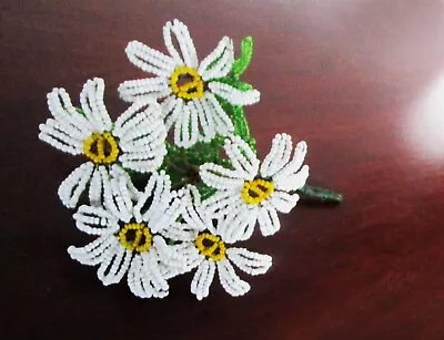 Vintage French Glass Beaded Flowers 5 White Daisies Yellow Middle Green Leaves • $22