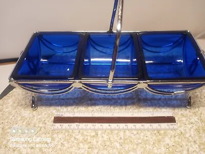 311mis Gorgeous Vintage Chrome And Cobalt Blue Glass Condiment Caddy • $72