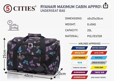 Ryanair Carry On Holdall Cabin Bag 40x20x25 Maximum Size • £10.49