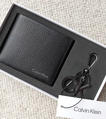 Genuine CALVIN KLEIN Black LEATHER WALLET & KEYRING FOB Cards Notes IN BOX • £85
