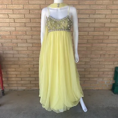 Vintage 60s Mike Benet Formal Beaded Sheer Chiffon Gown Dress 8 Yellow Neck Sash • $200