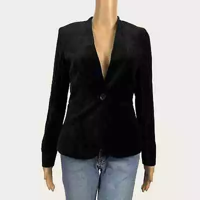 H&M Size 4 Black Velvet One Button Collarless Tailored Lined Suit Blazer Jacket • $32