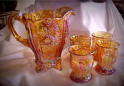 Mosser Glass Amber Carnival Dahlia Pitcher Tumblers Water Set • $110