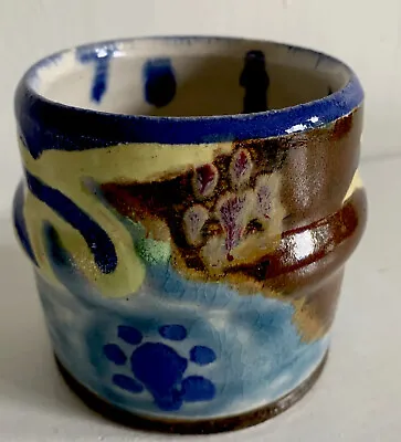 Vintage Studio Art Pottery Yellow Blue Small Vase Planter Bowl Signed 3.5”H • $12.50