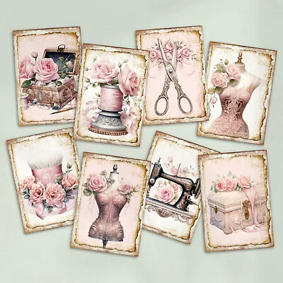 Shabby Chic Rose Sewing ATC CardsTags Journal Card Toppers Ribbon Cards Sew Box • £2.80