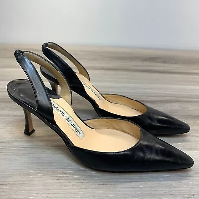 MANOLO BLAHNIK Black Leather Pointed Toe CAROLYNE Slingbacks Heels Size 36 US 6 • $172.50