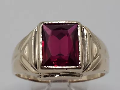 Mens 10k Solid Yellow Gold 2.75ct Lab Ruby Solitaire Vintage Ring Size 11 • $324.99
