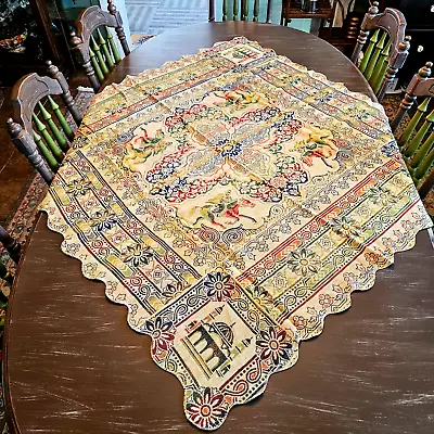 Vintage Stunning Italian Woven Tapestry Square Tablecloth Scalloped Edge 50 X51  • $135