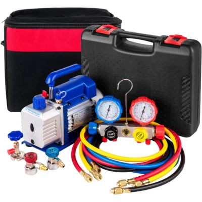 $96.99 • Buy 4CFM 1/4HP Air Vacuum Pump Single Stage 1 Valve AC Manifold Pressure Gauge Set