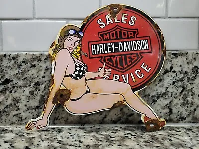 Vintage Harley Davidson Porcelain Sign Motorcycle Girl Dealer Sales Bike Service • $153.37