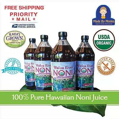 100% HAWAIIAN WAILUA RIVER NONI JUICE  Certified Organic: 4 Glass Bottles 32 Oz. • $108