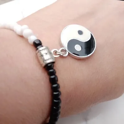 Yin & Yang Charm Bracelet Slim Beaded Design CHOOSE Colour Boho Festival Stretch • £4.45