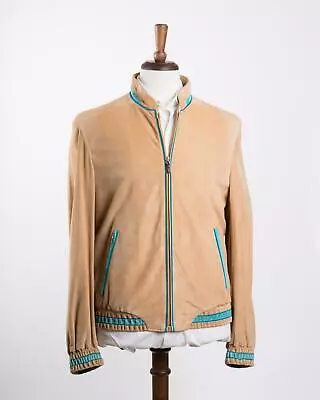 Zilli $9200 Beige Teal Suede Silk Lined Bomber Jacket Made In France 48 IT S • $2195