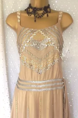  MONSOON *ARIYAH* UK 12 Vintage Y2K Silk Gold Beaded 20's Gatsby Flapper Dress • £44