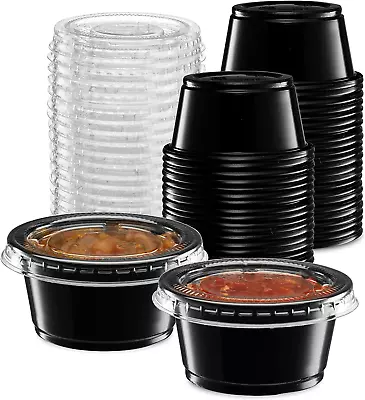 (2 Oz - 100 Sets) Black Diposable Plastic Portion Cups With Lids Small Mini Con • $15.62