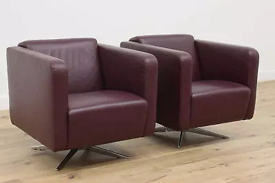 Pair Of Midcentury Modern Vintage Purple Leather Club Chairs #46596 • $3300