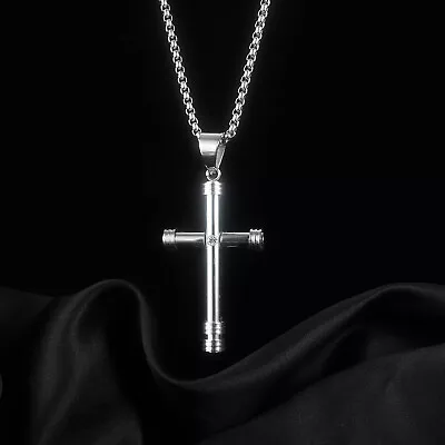 Men Women CZ Cross Titanium Stainless Steel Pendant Necklace Rolo Chain 22  • $14.99